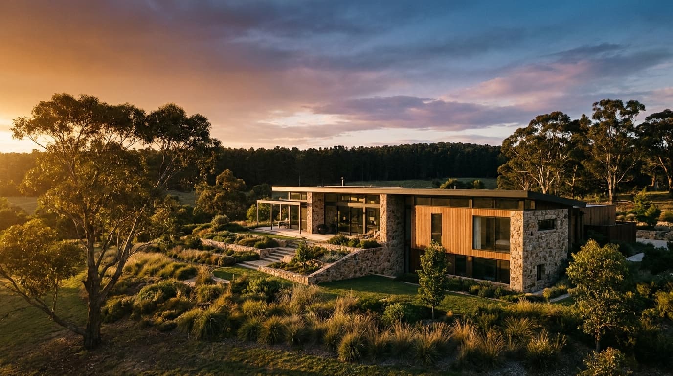 Estate hero: a single residential exterior at golden hour, three-quarter angle, architectural photography.