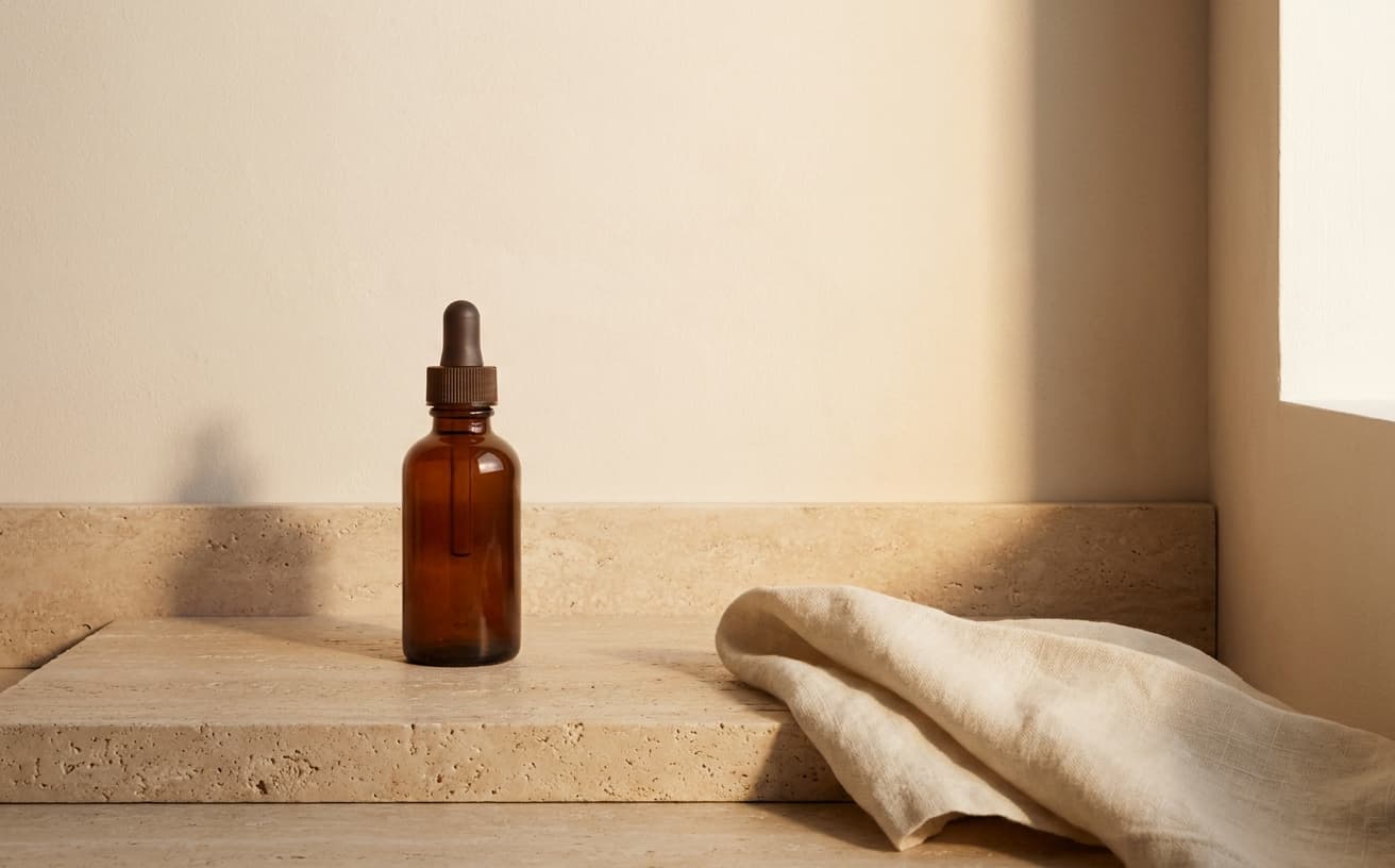 Hewn skincare hero: a single amber dropper bottle on travertine in soft window light.