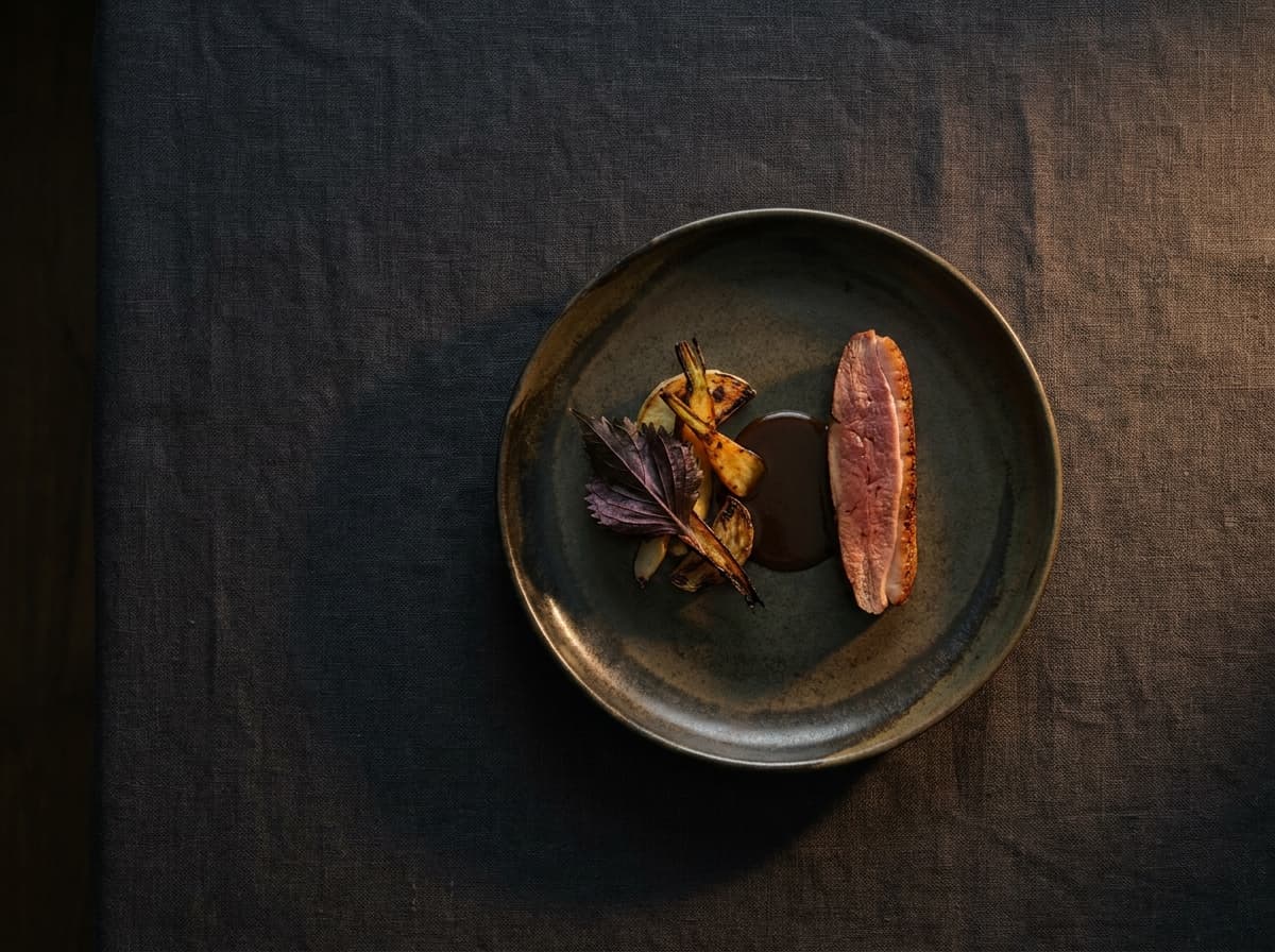 Pass hero: a single plated dish from above on dark linen, dramatic side light, reverent gastronomy.