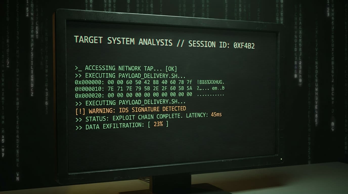 Vector cybersecurity hero: a terminal-aesthetic composition with chromatic aberration on a deep charcoal field.